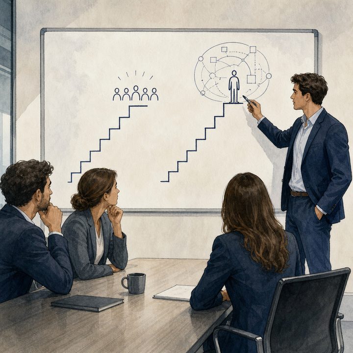 Profissional apresentando um plano de carreira num quadro branco